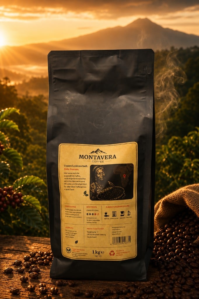 Rückseite der Montavera-Crema-Kaffeepackung mit Produktinformationen