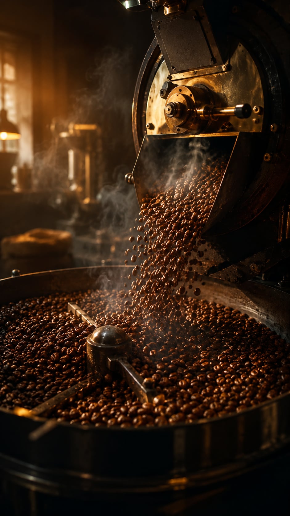 Geröstete Kaffeebohnen in einer professionellen Rösterei